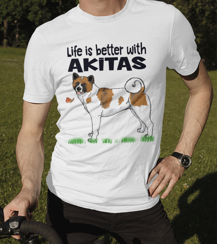 Life Is Better With Akitas Illustrated With Butterfly And Dog T-Shirt