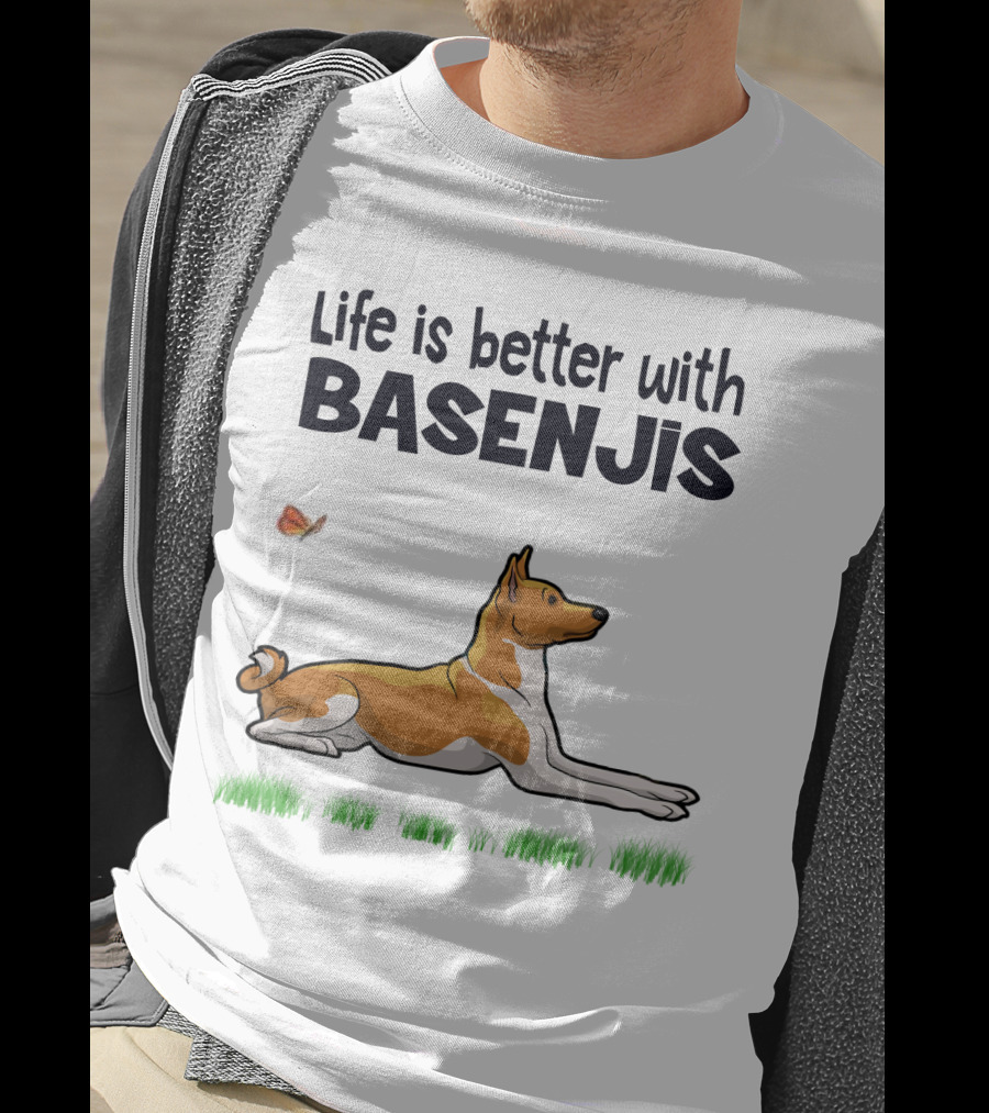 Life Is Better With Basenjis Dog 70s Retro Style Laying On Grass With Butterfly T-Shirt