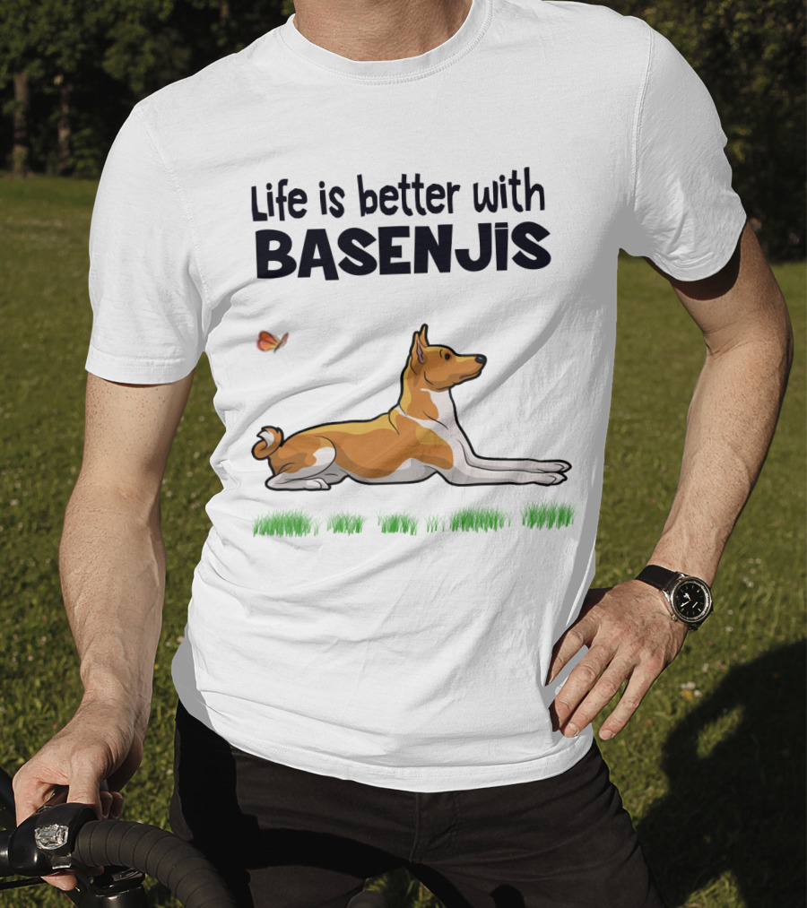 Life Is Better With Basenjis Dog 70s Retro Style Laying On Grass With Butterfly T-Shirt