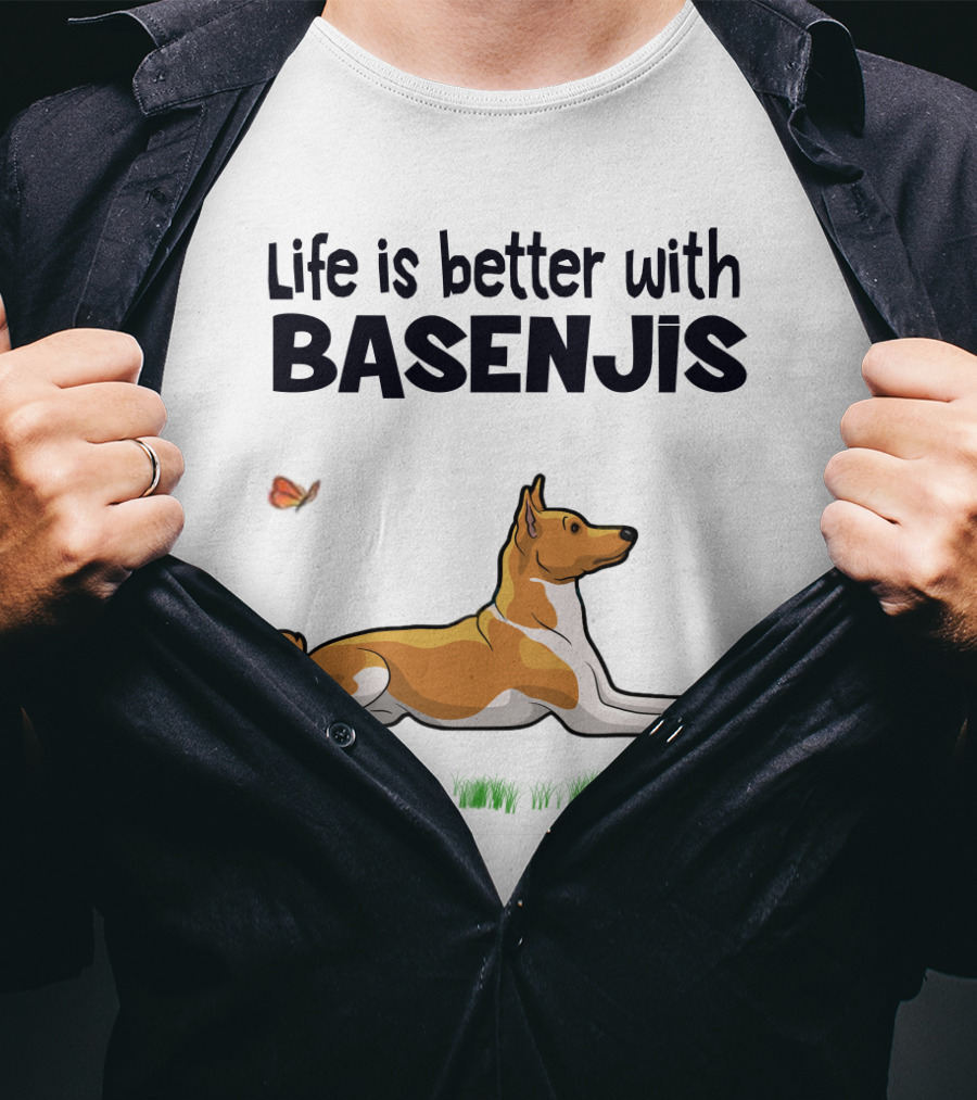 Life Is Better With Basenjis Dog 70s Retro Style Laying On Grass With Butterfly T-Shirt