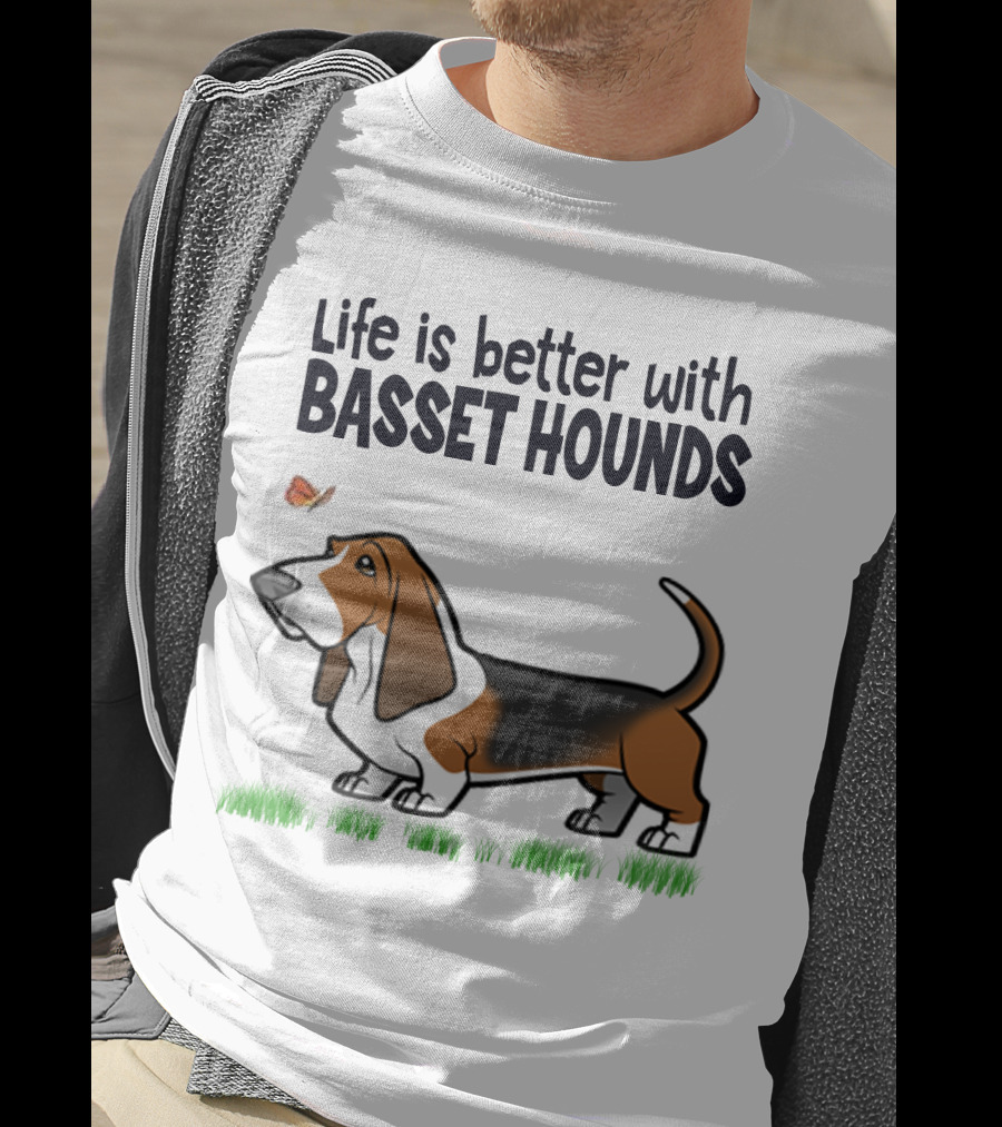 Life Is Better With Basset Hounds Butterfly And Dog Graphics On Grass T-Shirt
