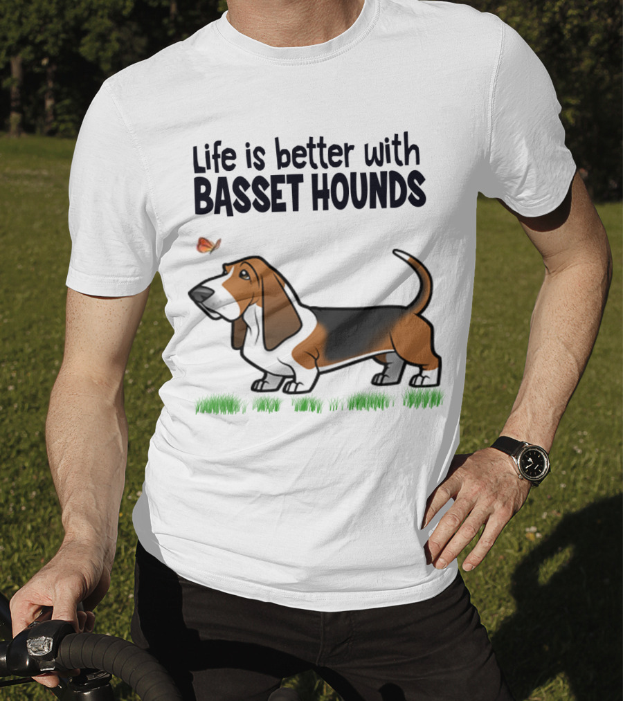 Life Is Better With Basset Hounds Butterfly And Dog Graphics On Grass T-Shirt