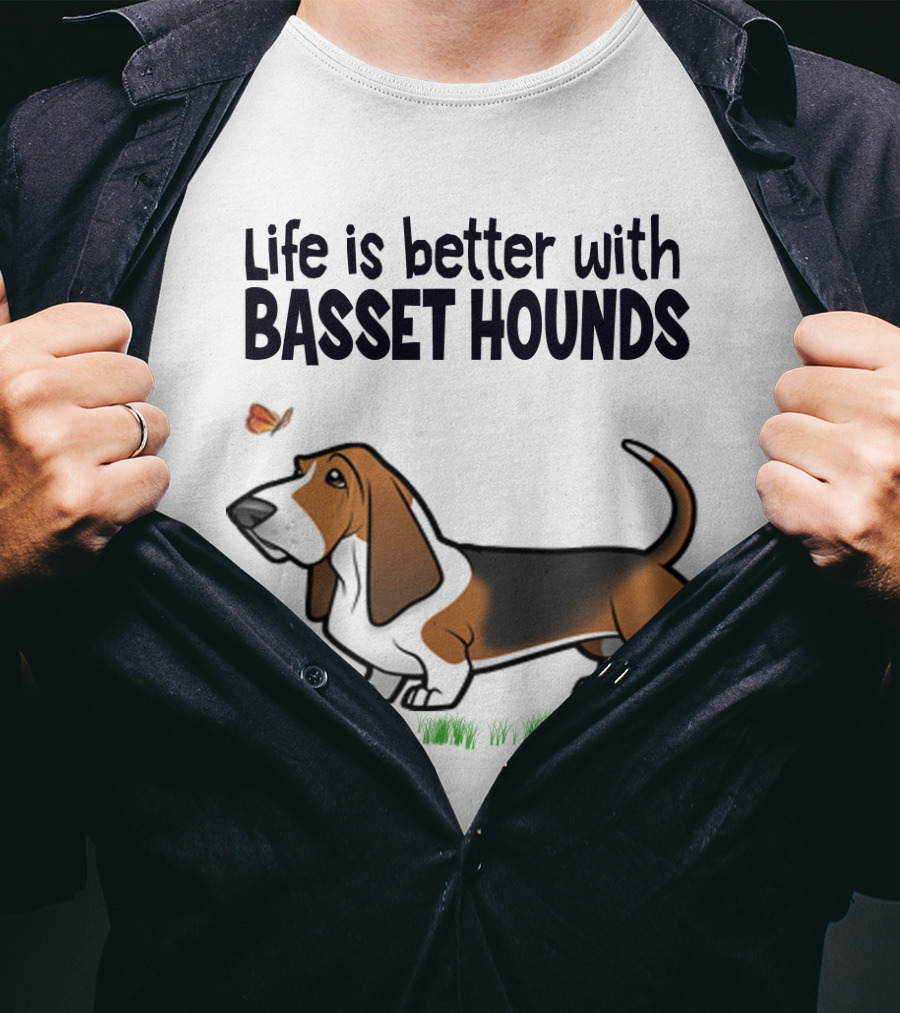 Life Is Better With Basset Hounds Butterfly And Dog Graphics On Grass T-Shirt