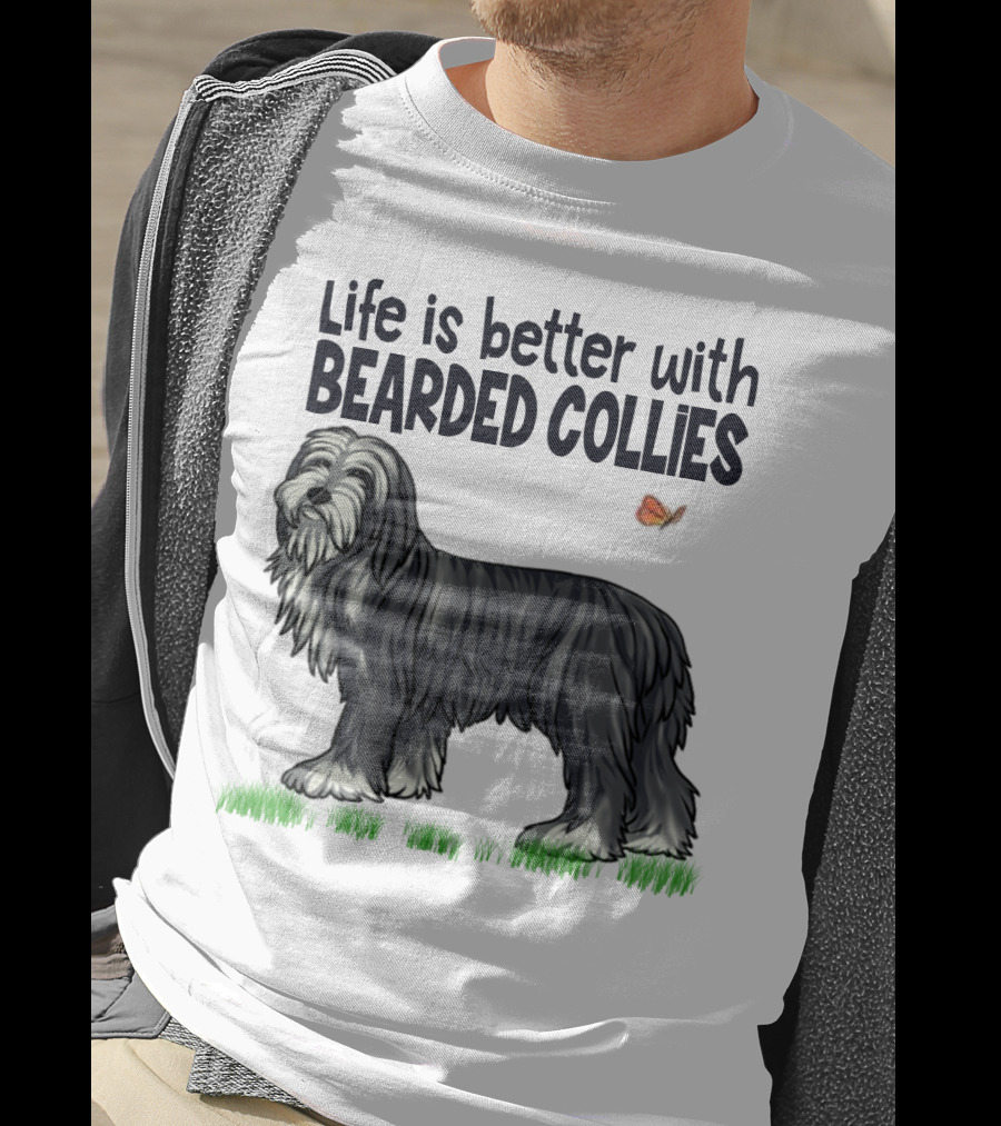 Life Is Better With Bearded Collies Illustration With Butterfly And Grass T-Shirt