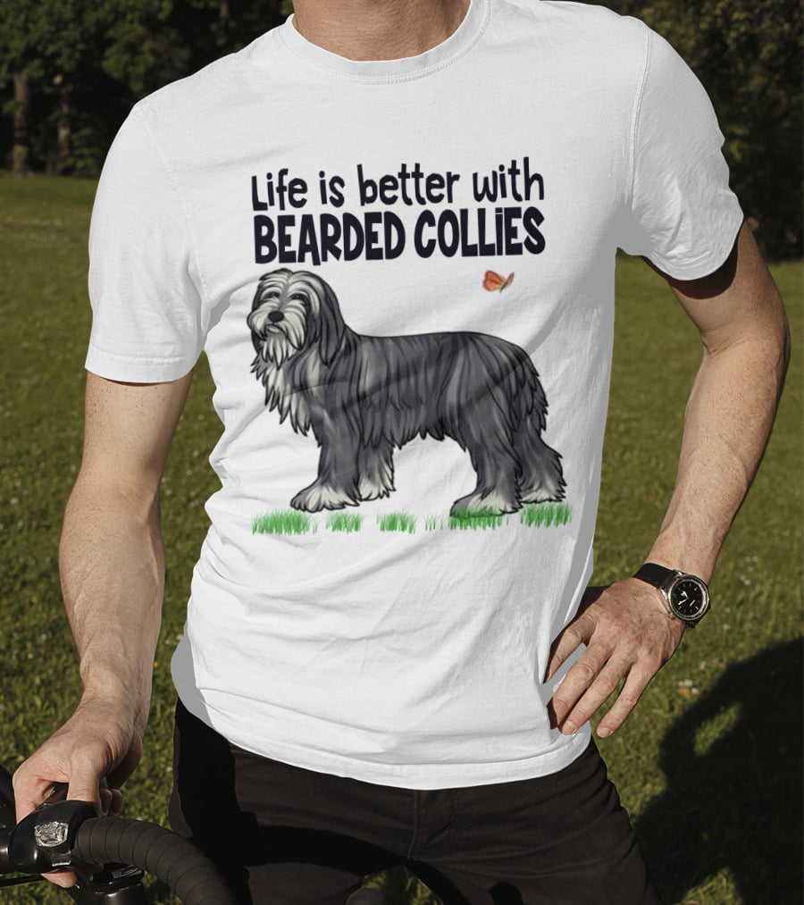 Life Is Better With Bearded Collies Illustration With Butterfly And Grass T-Shirt