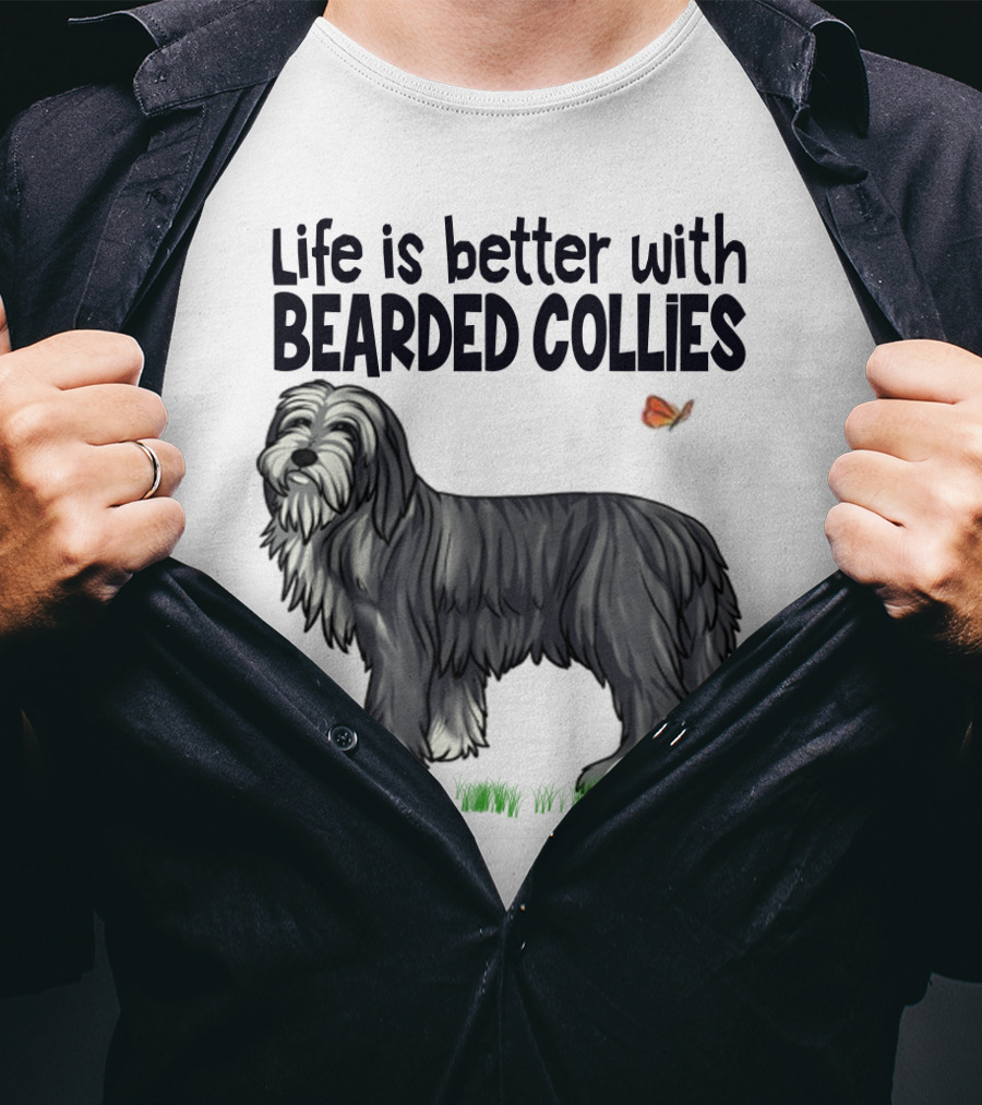 Life Is Better With Bearded Collies Illustration With Butterfly And Grass T-Shirt
