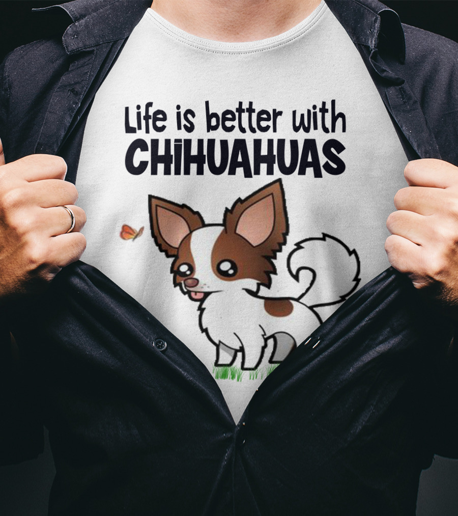 Life Is Better With Chihuahuas Cute Cartoon Butterfly Charm T-Shirt