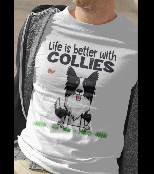 Life Is Better With Collies Cute Border Collie Illustration Butterfly And Grass T-Shirt