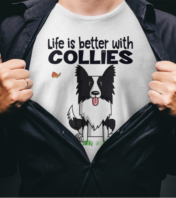 Life Is Better With Collies Cute Border Collie Illustration Butterfly And Grass T-Shirt