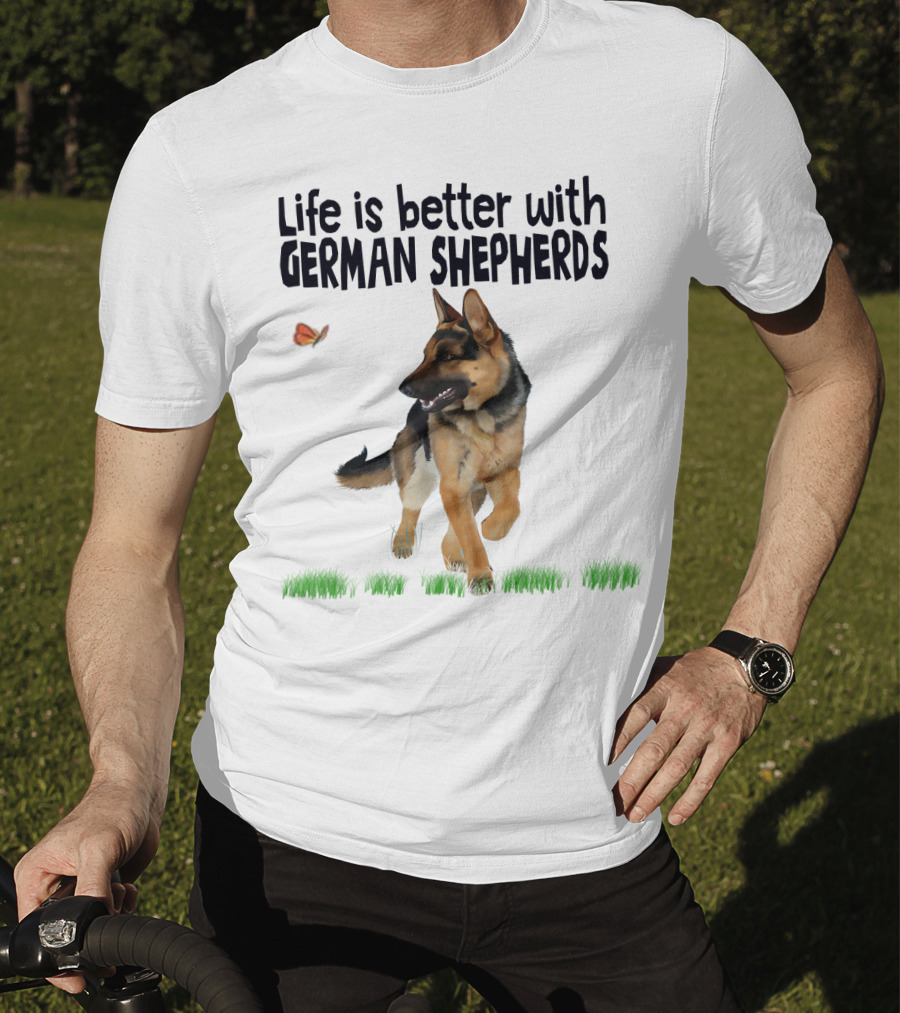 Life Is Better With German Shepherds And Butterflies In The Grass T-Shirt
