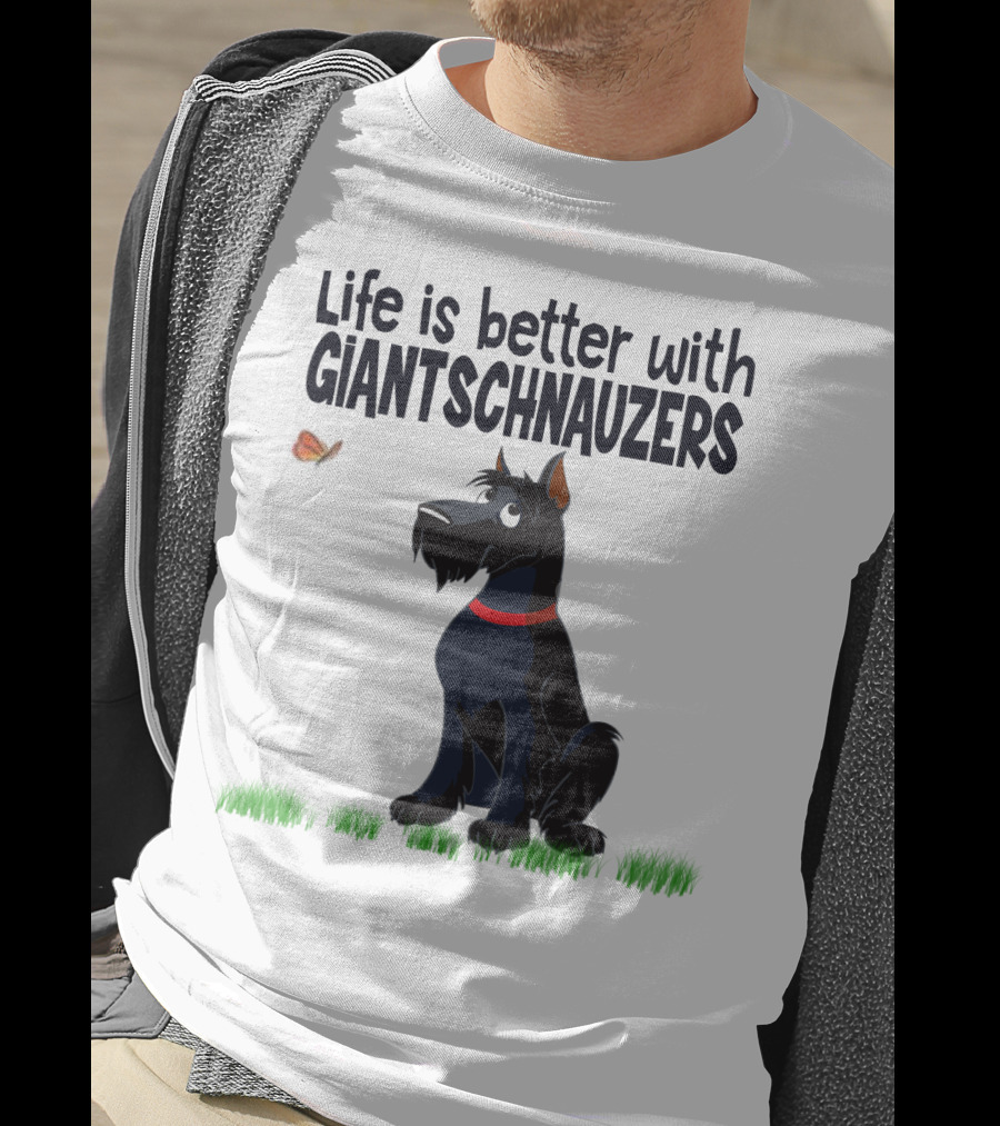 Life Is Better With Giant Schnauzers Playful Cartoon Dog And Butterfly In Grass T-Shirt