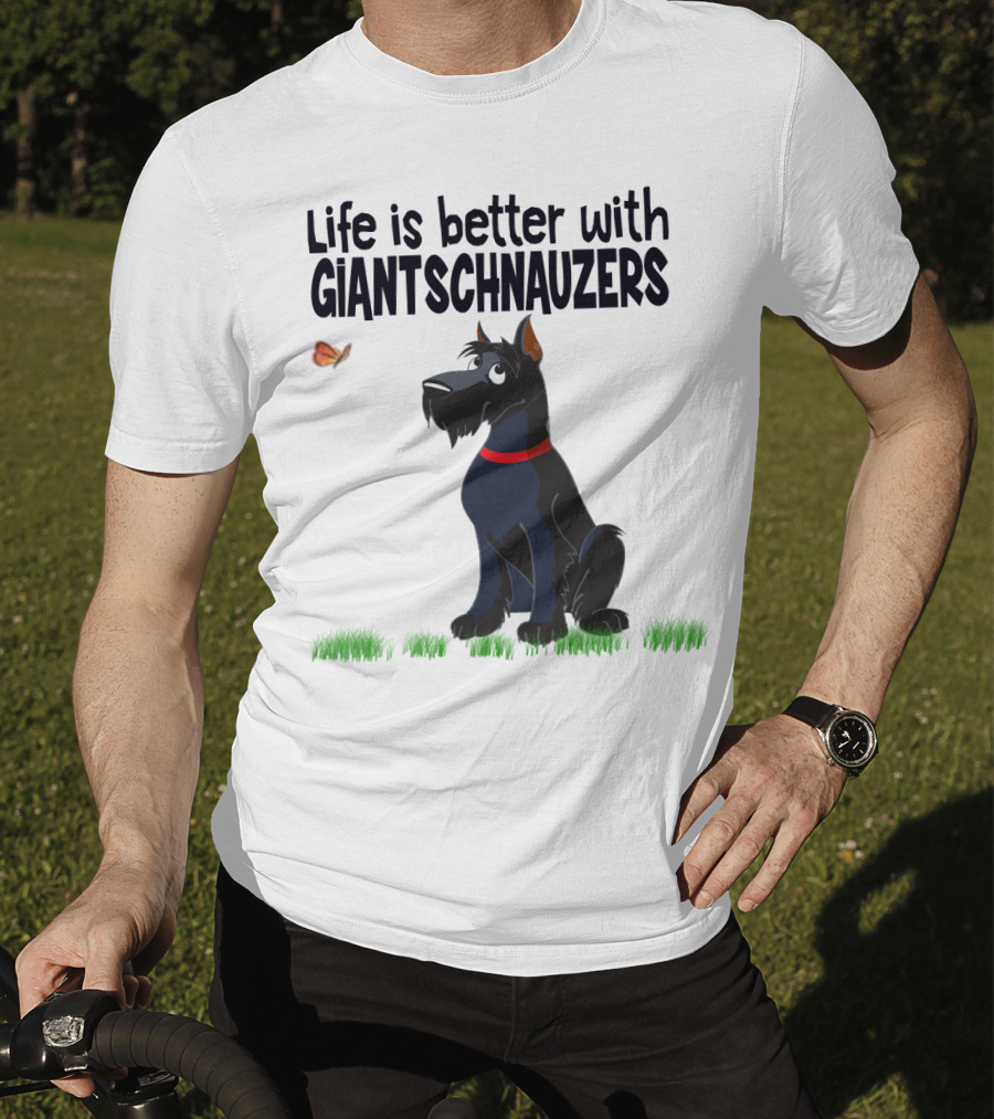Life Is Better With Giant Schnauzers Playful Cartoon Dog And Butterfly In Grass T-Shirt