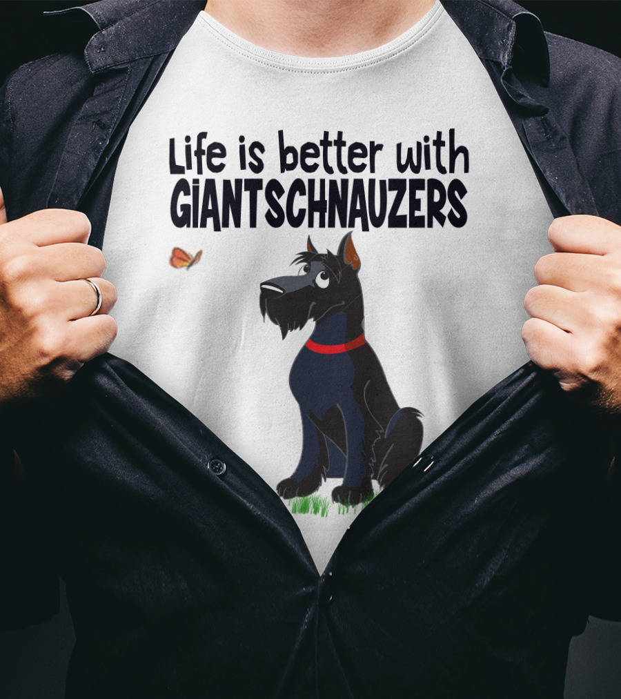 Life Is Better With Giant Schnauzers Playful Cartoon Dog And Butterfly In Grass T-Shirt