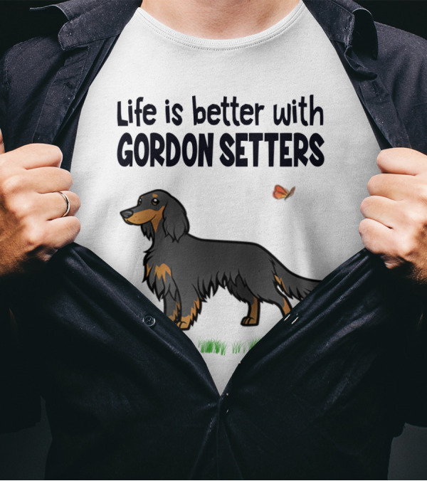 Life Is Better With Gordon Setters Charming Dog Illustration Featuring Butterfly And Grass T-Shirt