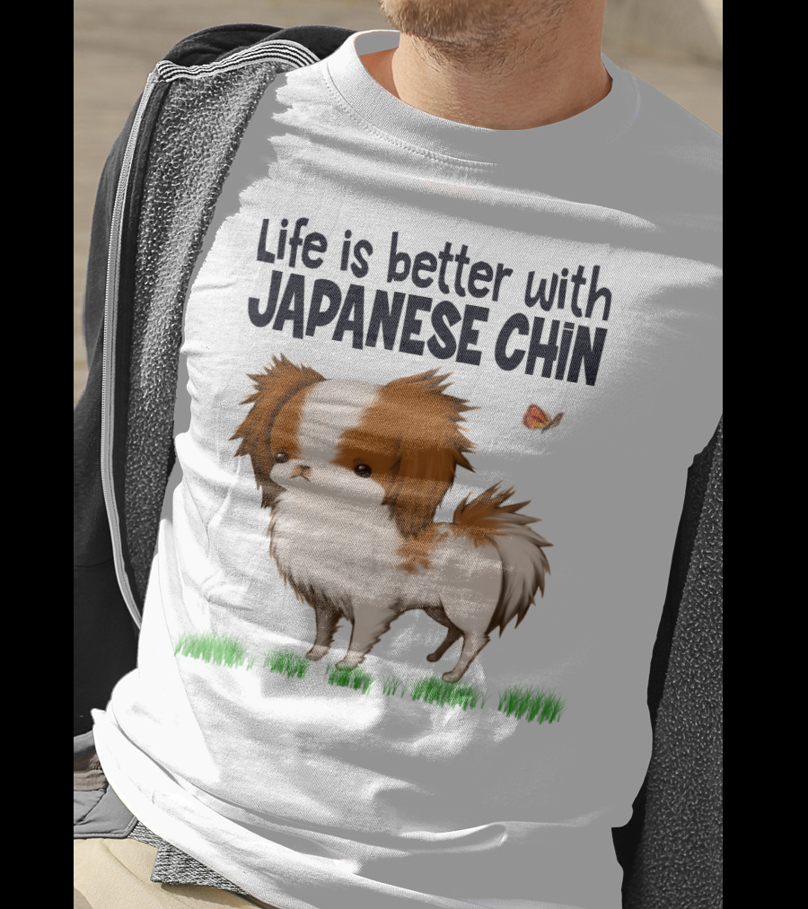 Life Is Better With My Japanese Chin Adorable Dog And Butterfly On Grass T-Shirt