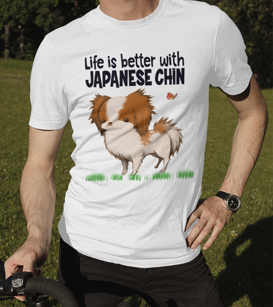 Life Is Better With My Japanese Chin Adorable Dog And Butterfly On Grass T-Shirt