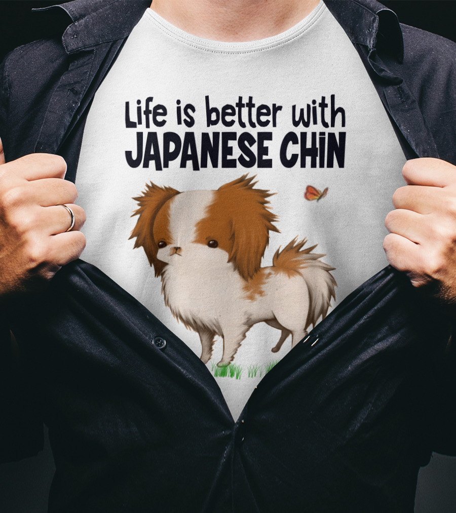 Life Is Better With My Japanese Chin Adorable Dog And Butterfly On Grass T-Shirt