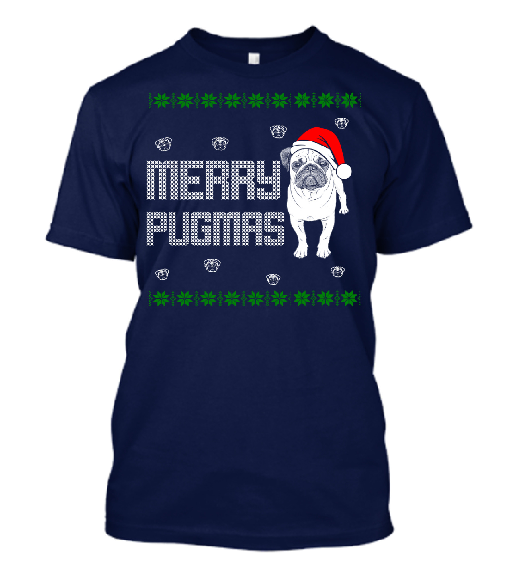 Merry Pugmas Festive Santa Hat Pug With Holiday Patterns And Green Poinsettias T-Shirt