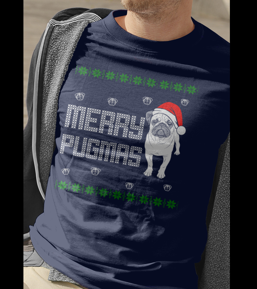 Merry Pugmas Festive Santa Hat Pug With Holiday Patterns And Green Poinsettias T-Shirt