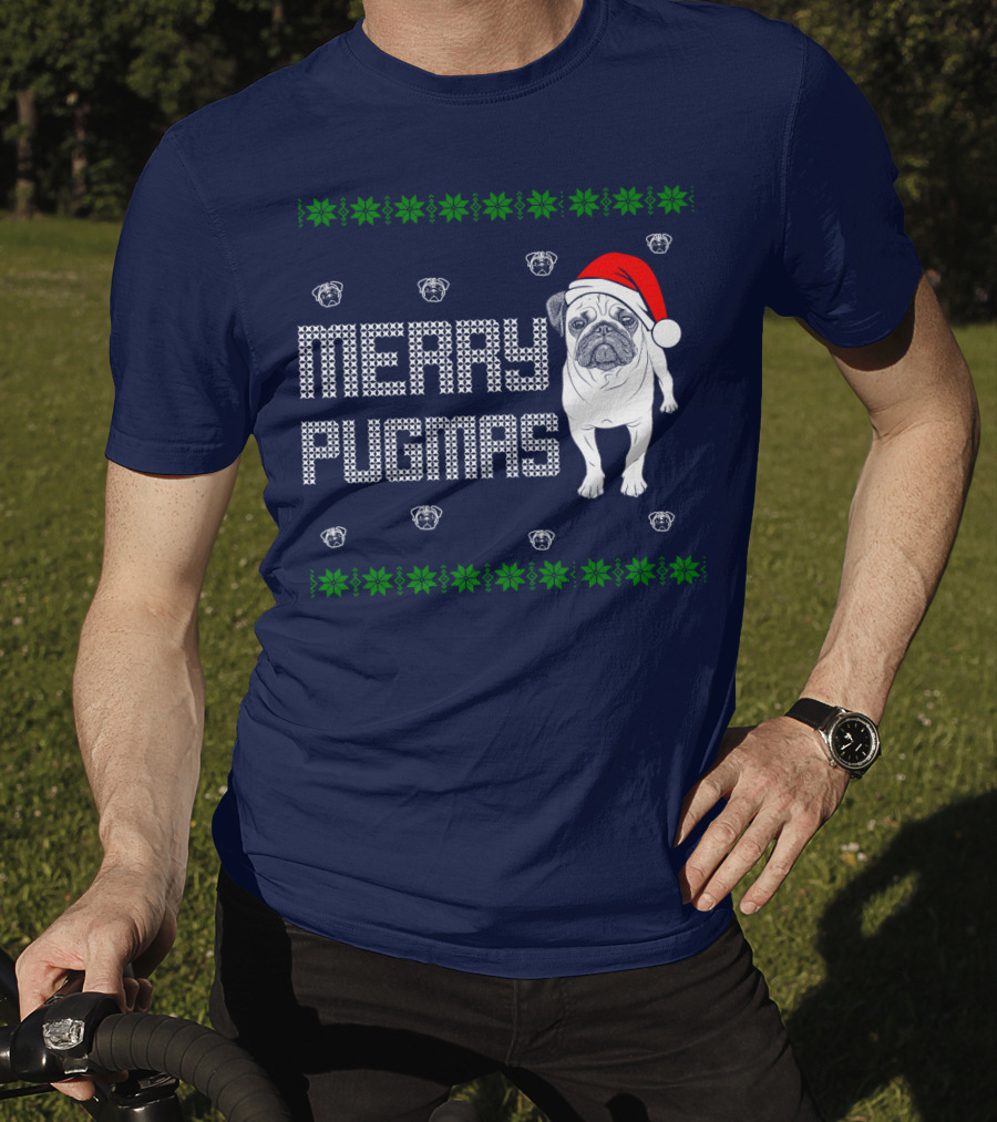 Merry Pugmas Festive Santa Hat Pug With Holiday Patterns And Green Poinsettias T-Shirt