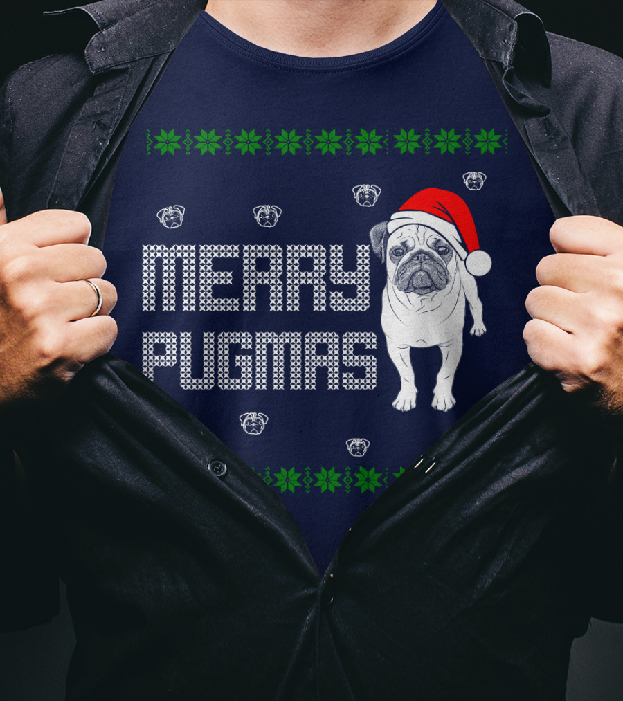 Merry Pugmas Festive Santa Hat Pug With Holiday Patterns And Green Poinsettias T-Shirt
