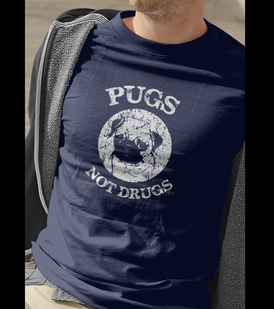Vintage Style Pugs Not Drugs With Distressed Pug Face T-Shirt