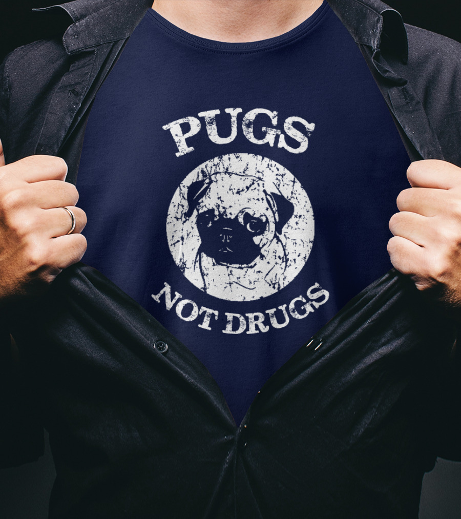 Vintage Style Pugs Not Drugs With Distressed Pug Face T-Shirt