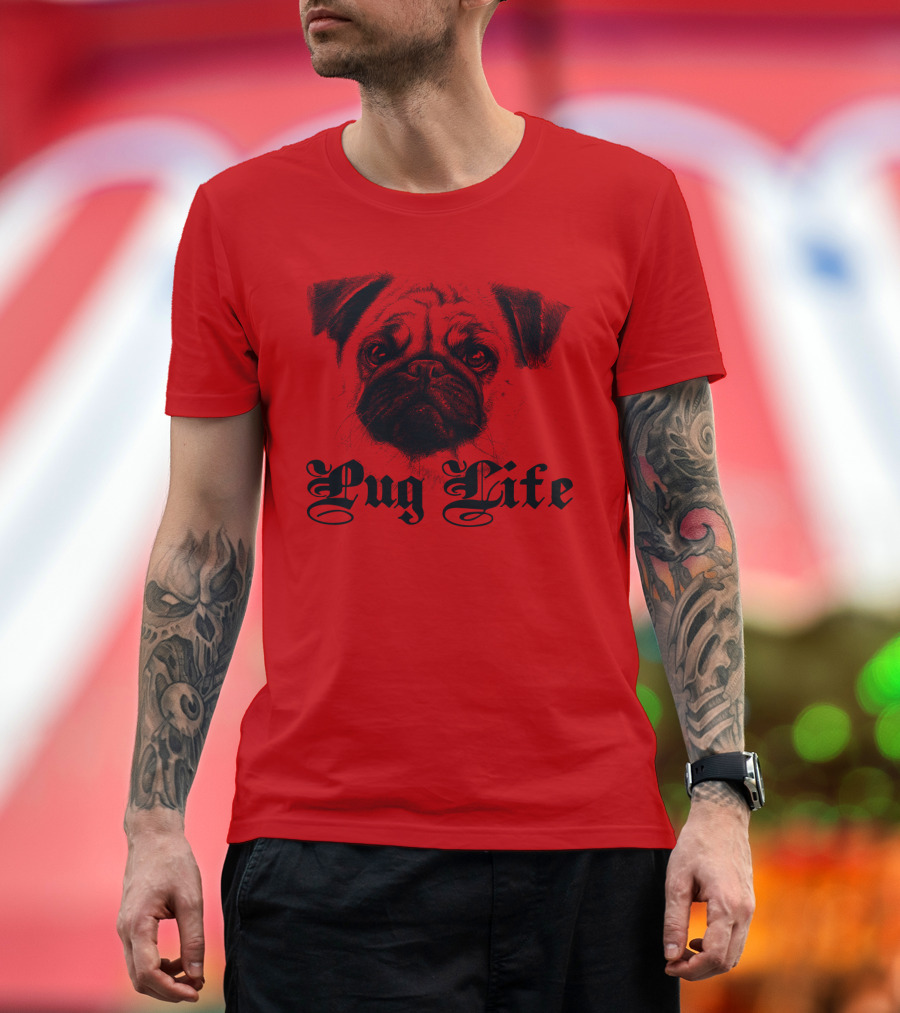 Pug Life Gothic Script with Realistic Pug T-Shirt