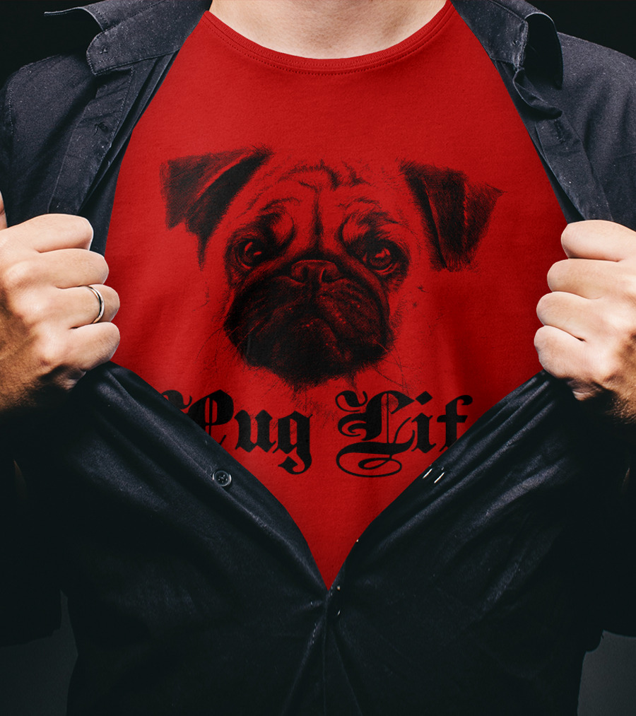 Pug Life Gothic Script With Realistic Pug T-Shirt