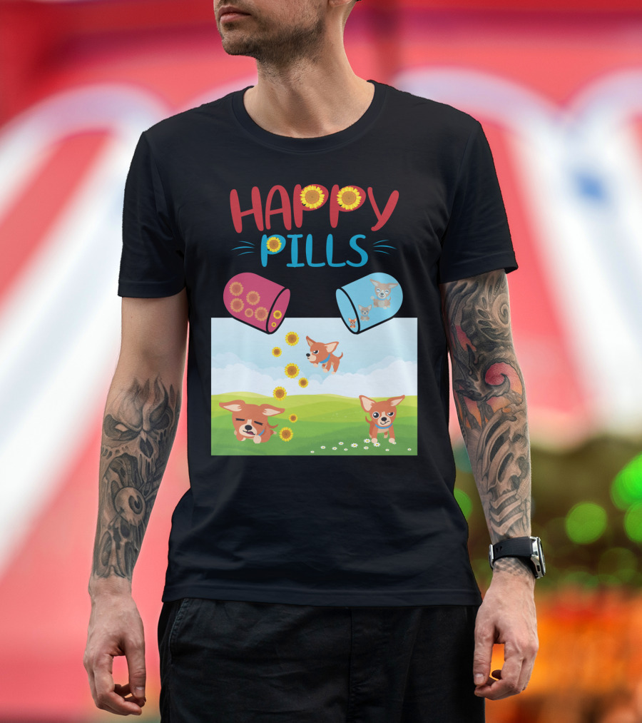 Happy Pills Chihuahuas Playing with Sunflowers T-Shirt