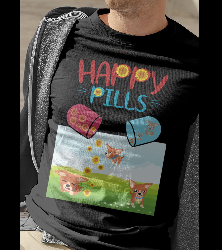 Happy Pills Chihuahuas Playing With Sunflowers T-Shirt