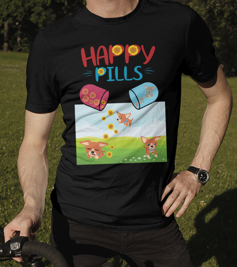 Happy Pills Chihuahuas Playing With Sunflowers T-Shirt