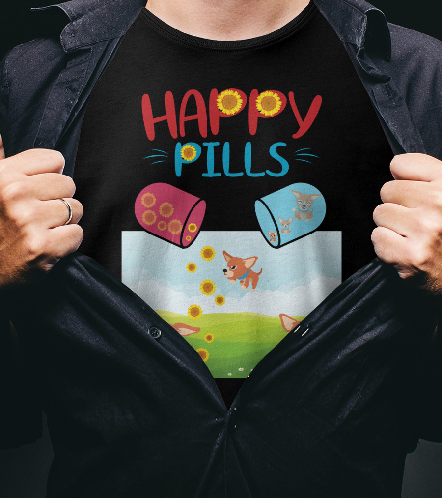 Happy Pills Chihuahuas Playing With Sunflowers T-Shirt