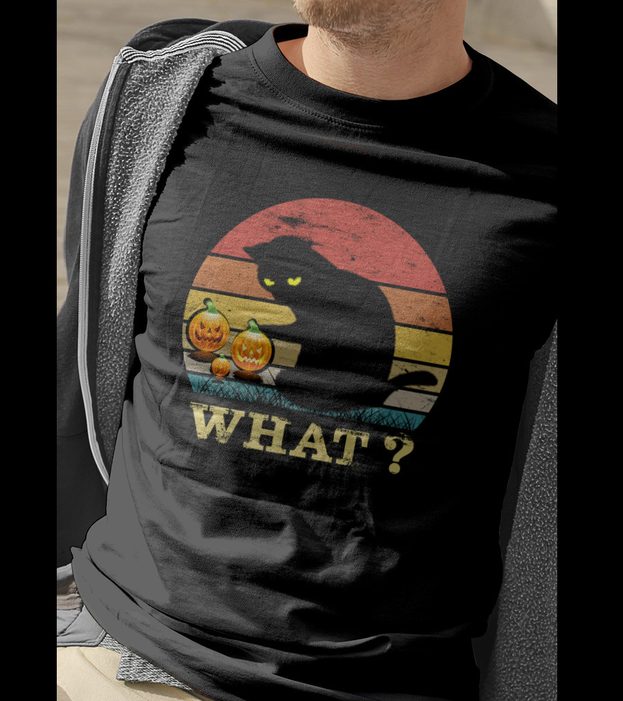 What? Funny Black Cat With Jack-o'-Lanterns Retro Halloween T-Shirt