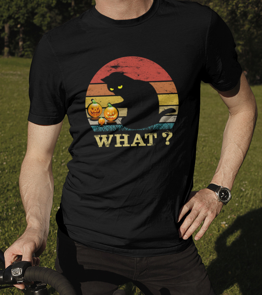 What? Funny Black Cat With Jack-o'-Lanterns Retro Halloween T-Shirt
