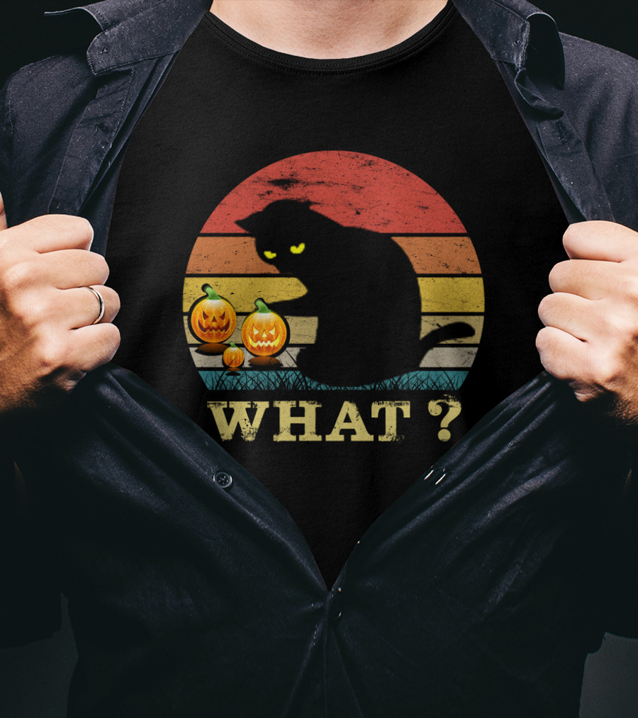 What? Funny Black Cat With Jack-o'-Lanterns Retro Halloween T-Shirt