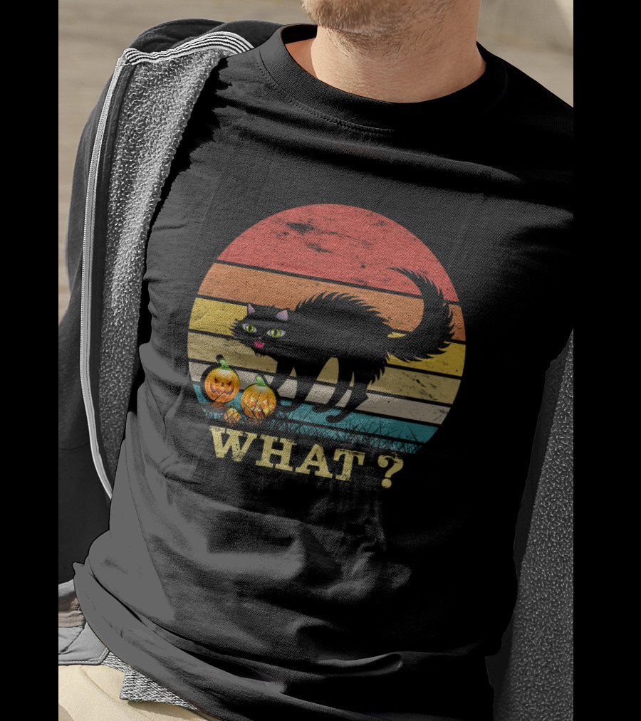 Black Cat What With Pumpkins Retro Sunset T-Shirt