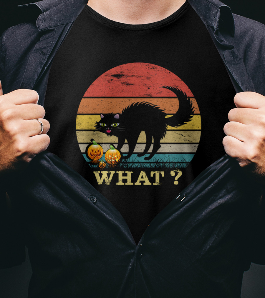 Black Cat What With Pumpkins Retro Sunset T-Shirt
