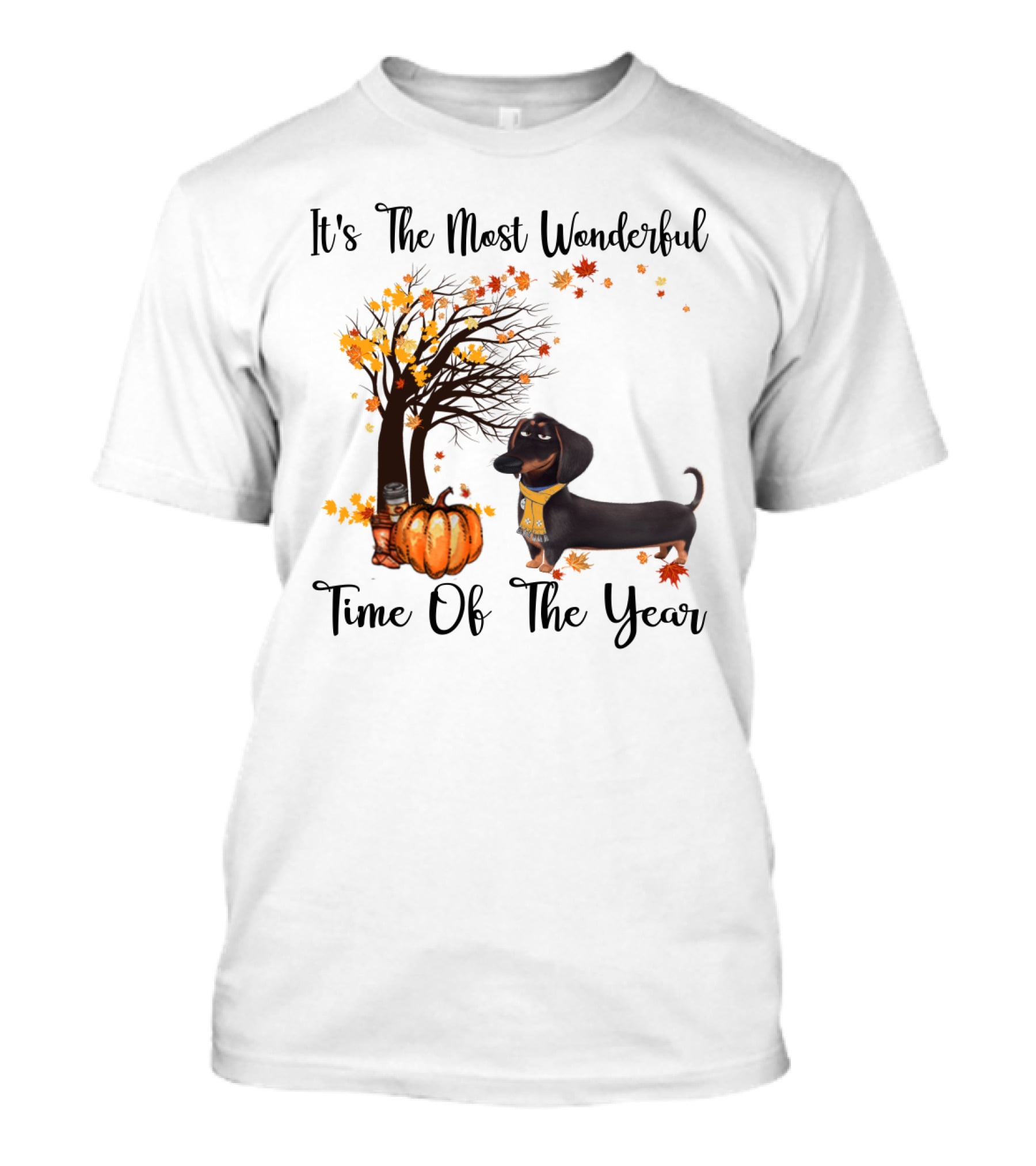 It's The Most Wonderful Time Of The Year Dachshund Halloween Pumpkin Autumn Leaves T-Shirt