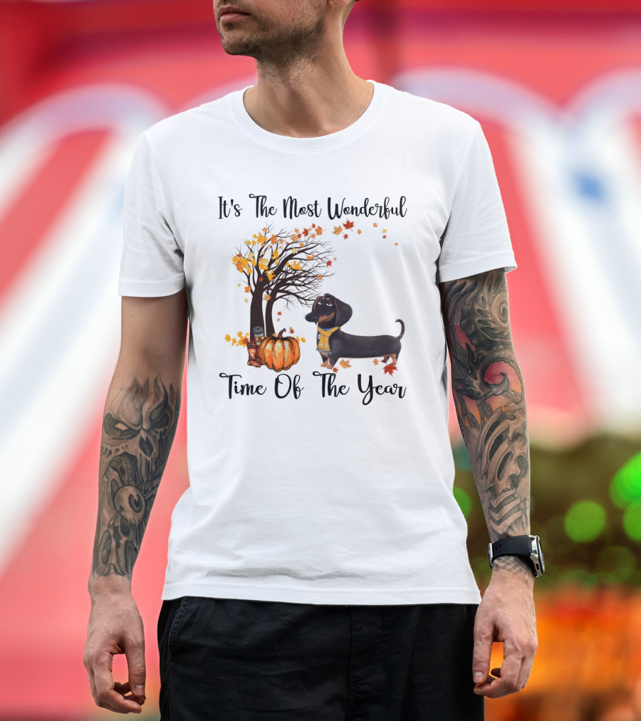 It's The Most Wonderful Time Of The Year Dachshund Halloween Pumpkin Autumn Leaves T-Shirt