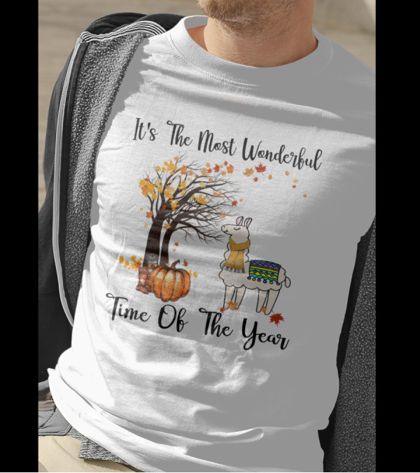 It's The Most Wonderful Time Of The Year Llama Autumn Leaves Pumpkin Tree T-Shirt