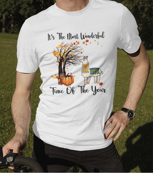 It's The Most Wonderful Time Of The Year Llama Autumn Leaves Pumpkin Tree T-Shirt
