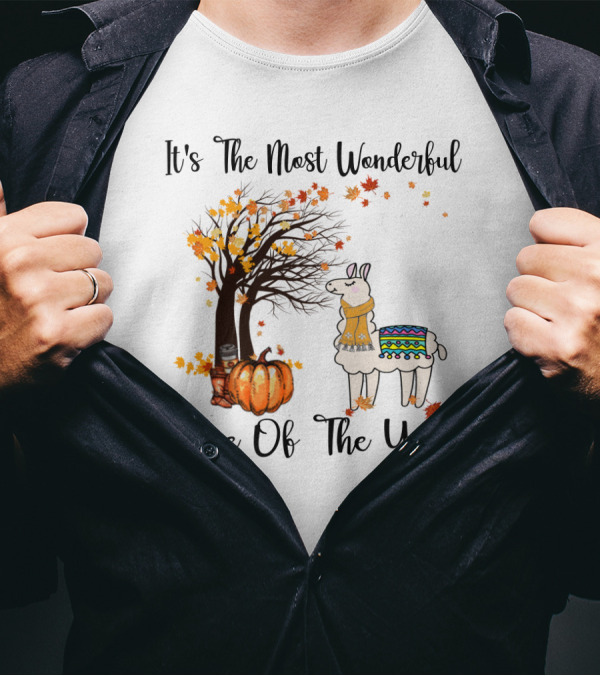 It's The Most Wonderful Time Of The Year Llama Autumn Leaves Pumpkin Tree T-Shirt