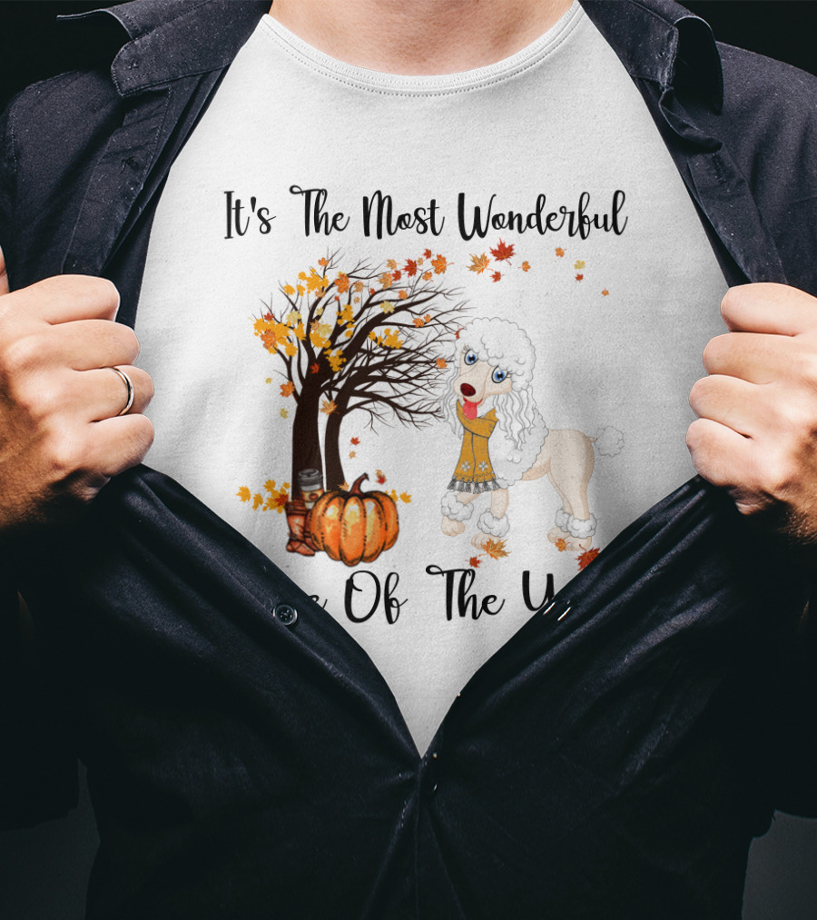 It's The Most Wonderful Time Of The Year Poodle Autumn Leaves Pumpkin Tree T-Shirt