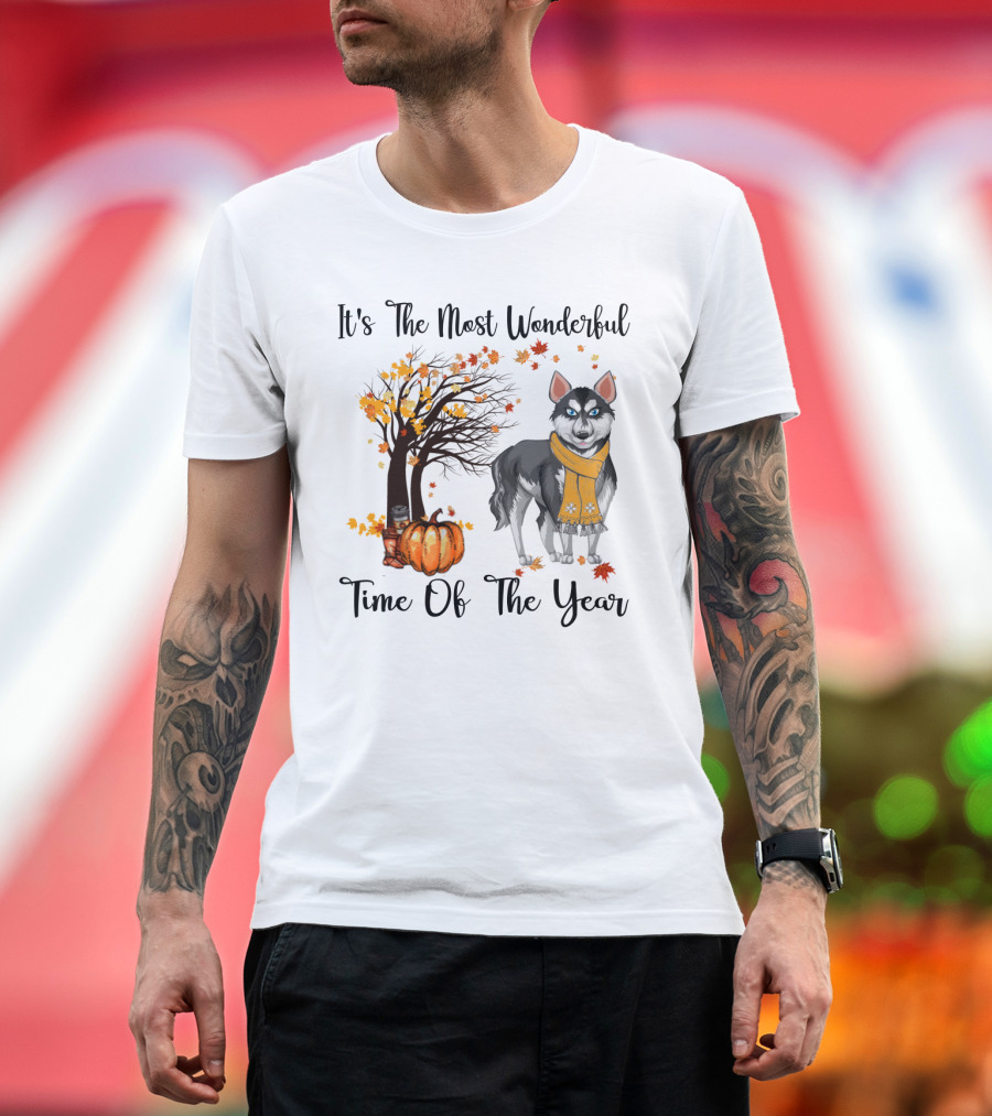 It's The Most Wonderful Time Of The Year Siberian Husky Fall Leaves Pumpkin Scarf Tree T-Shirt