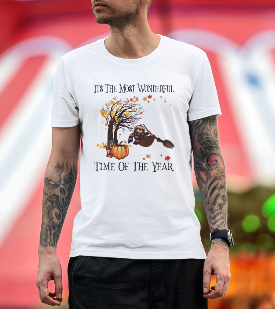 It's The Most Wonderful Time Of The Year Sloth Broom Pumpkin Autumn Leaves Tree T-Shirt