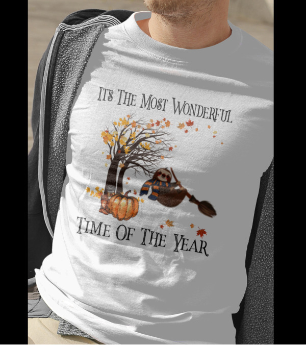 It's The Most Wonderful Time Of The Year Sloth Broom Pumpkin Autumn Leaves Tree T-Shirt