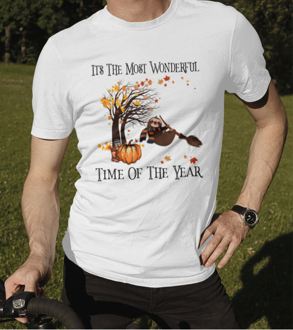 It's The Most Wonderful Time Of The Year Sloth Broom Pumpkin Autumn Leaves Tree T-Shirt