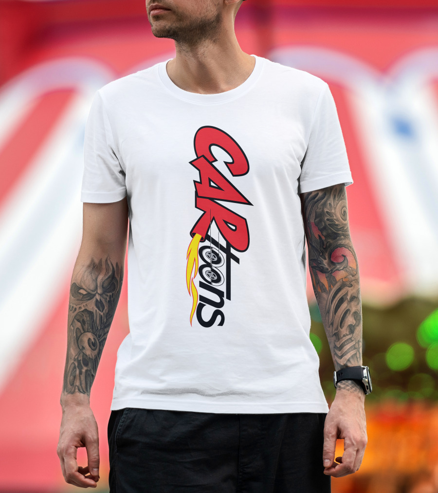 CARTOONS Red and Black Text with Flames and Wheel T-Shirt