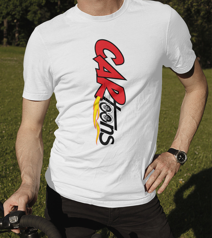 CARTOONS Red And Black Text With Flames And Wheel T-Shirt